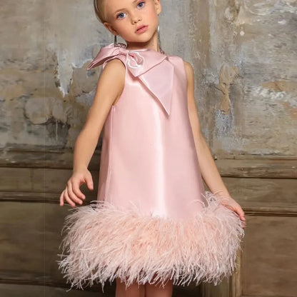 Customized Pink Flower Girl Dresses For Wedding Satin Feather With Bow Princess Birthday Party First Communion Pageant Ball Gown