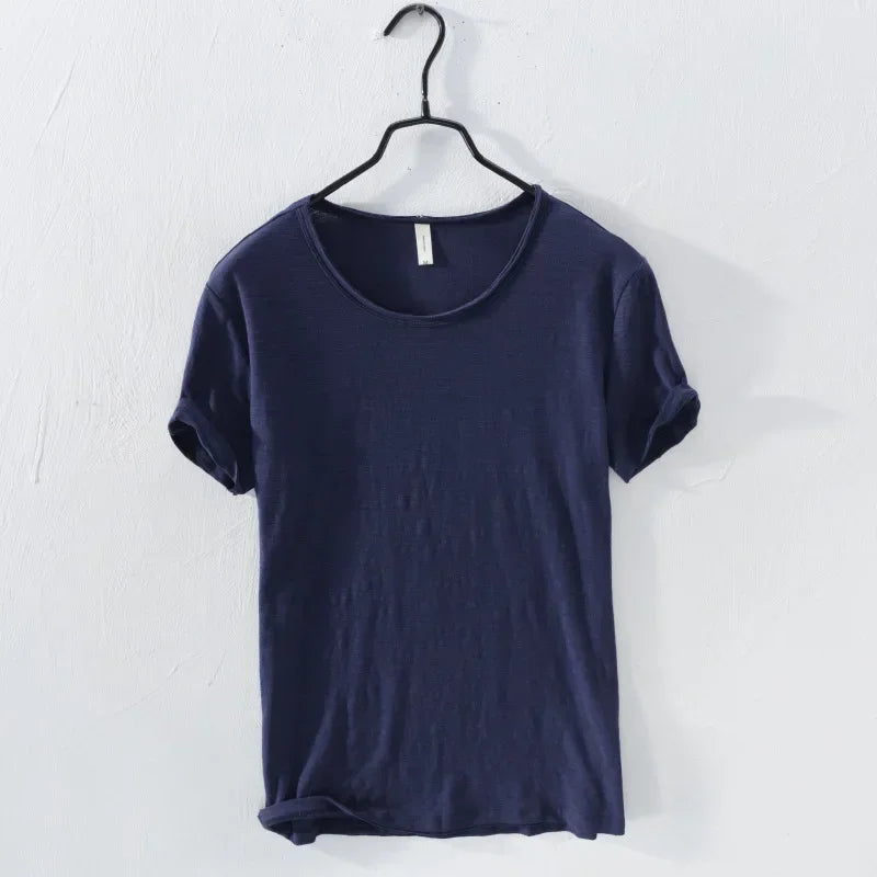 Retro Raw Edge T-Shirt for Men 100% Cotton Lightweight & Breathable Slim-Fit Monochromatic O-Neck Summer Streetwear Essential