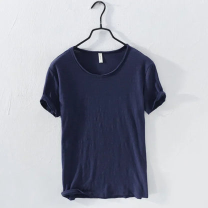 Retro Raw Edge T-Shirt for Men 100% Cotton Lightweight & Breathable Slim-Fit Monochromatic O-Neck Summer Streetwear Essential