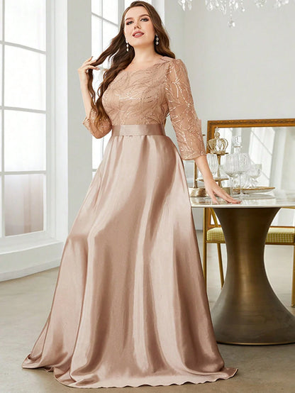 Crew neck long sleeve sequin patchwork satin long gown ball dress Party dress Bridesmaid dress