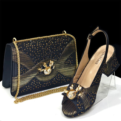 Elegant 2025 Gold Peep-Toe Heels with Diamond Accents - Italian Matching Pumps and Bag Set for Parties