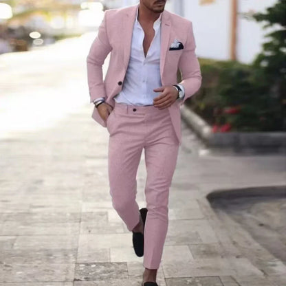 Casual Linen Tuxedo Suits for Men 2 Pieces Blazer and Pants Set Notched Lapel Men's Suit for Wedding Summer Beach Prom Party