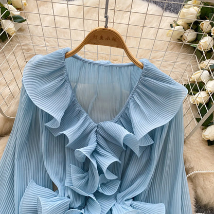 Ruffles Pleated Romantic Tops Thin Spring Summer V Neck French Elegant Blouse Fairycore Flowy Office Lady Luxury Shirt