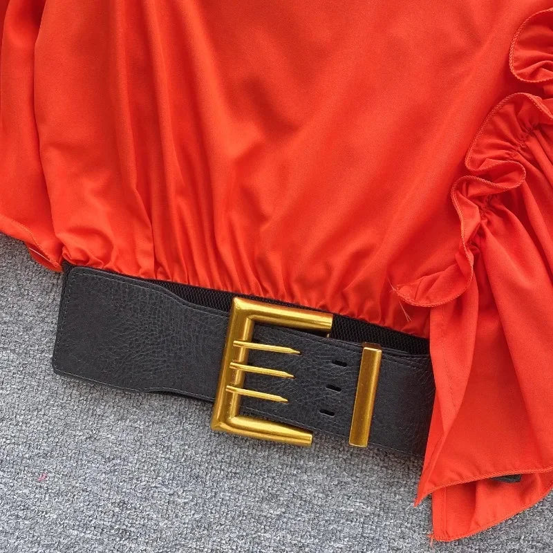 American Chic Blouse for Women Flounced Edge Skew Collar Bare Midriff Belt Skinny Shirts Summer Casual Female Tops Dropshipping