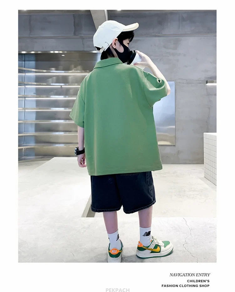 Korean Kids Boy Suit Summer Set Fashion Teenager Child Clothes Set Cotton Polo Shirt + Shorts 2pcs Outfits Tracksuit Costume