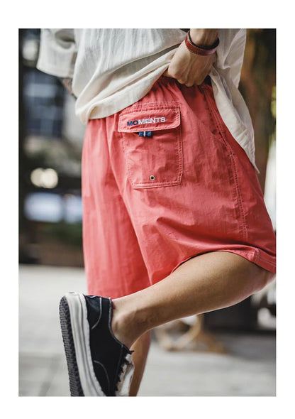 Men's American Retro Embroidered Woven Beach Shorts Lightweight Thin Five Inch Amekaji Style Daily Casual Summer Trousers