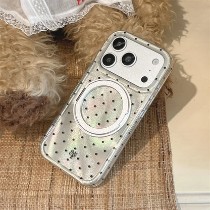 Luxury Polka Dot Ring Stand Holographic Phone Case For iPhone 15 16 17 Pro Max Shockproof Protective Cover