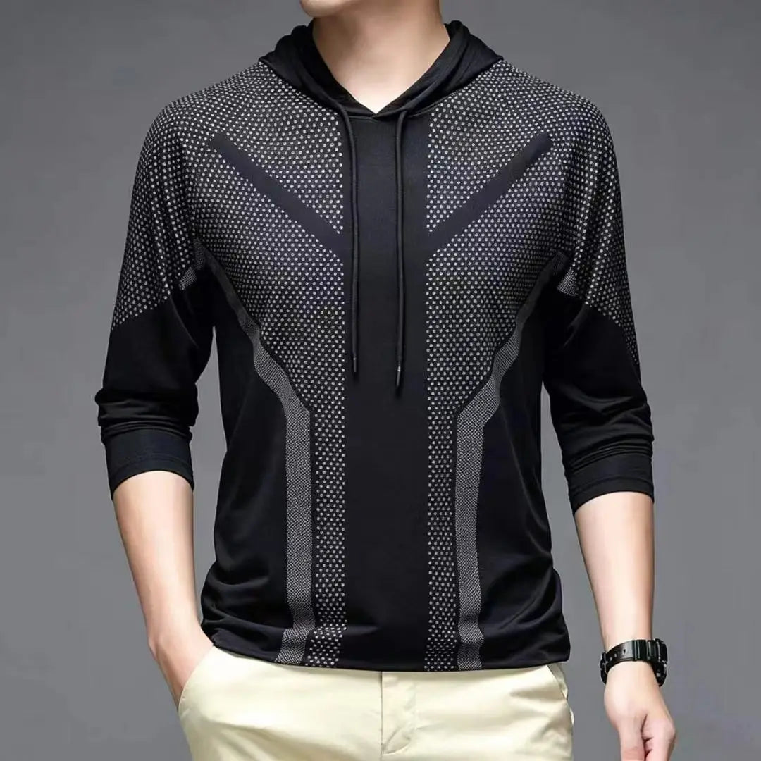 Men's Casual Solid Color Quick Dry Breathable Elastic Thin Long Sleeve T-Shirt with Hood for Spring/Summer Fitness And Sports