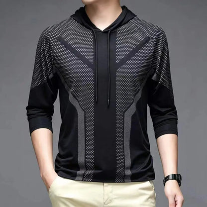 Men's Casual Solid Color Quick Dry Breathable Elastic Thin Long Sleeve T-Shirt with Hood for Spring/Summer Fitness And Sports
