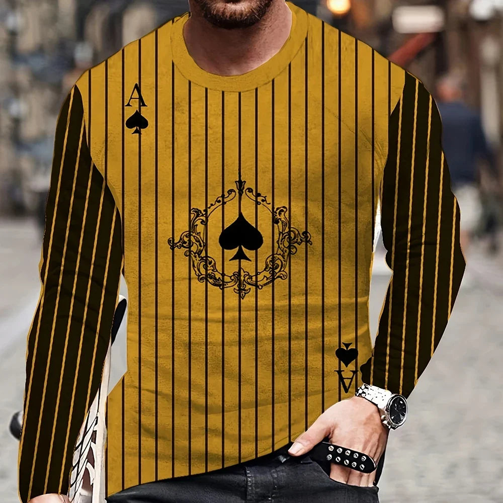Summer Men's T-Shirt Big Size Loose Retro Short Sleeve Fashion American Poker Letter Print O Neck Long Sleeve Autumn Shirt