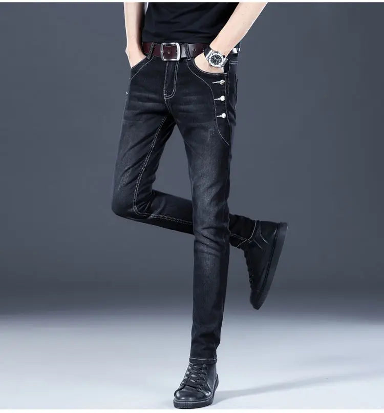 Stylish Black Luxury Men's Korean Streetwear Punk Fashion Comfortable Stretch Jeans Slim Fit Straight Leg Casual Denim Pants