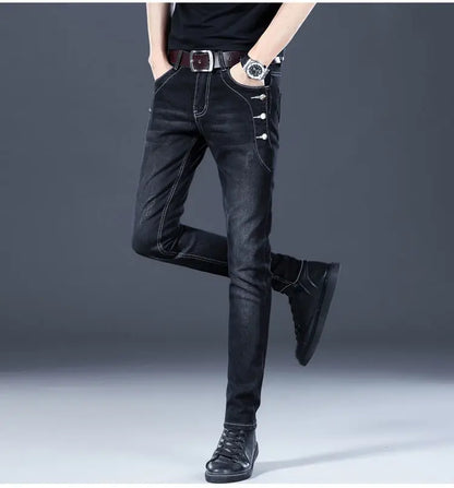 Stylish Black Luxury Men's Korean Streetwear Punk Fashion Comfortable Stretch Jeans Slim Fit Straight Leg Casual Denim Pants