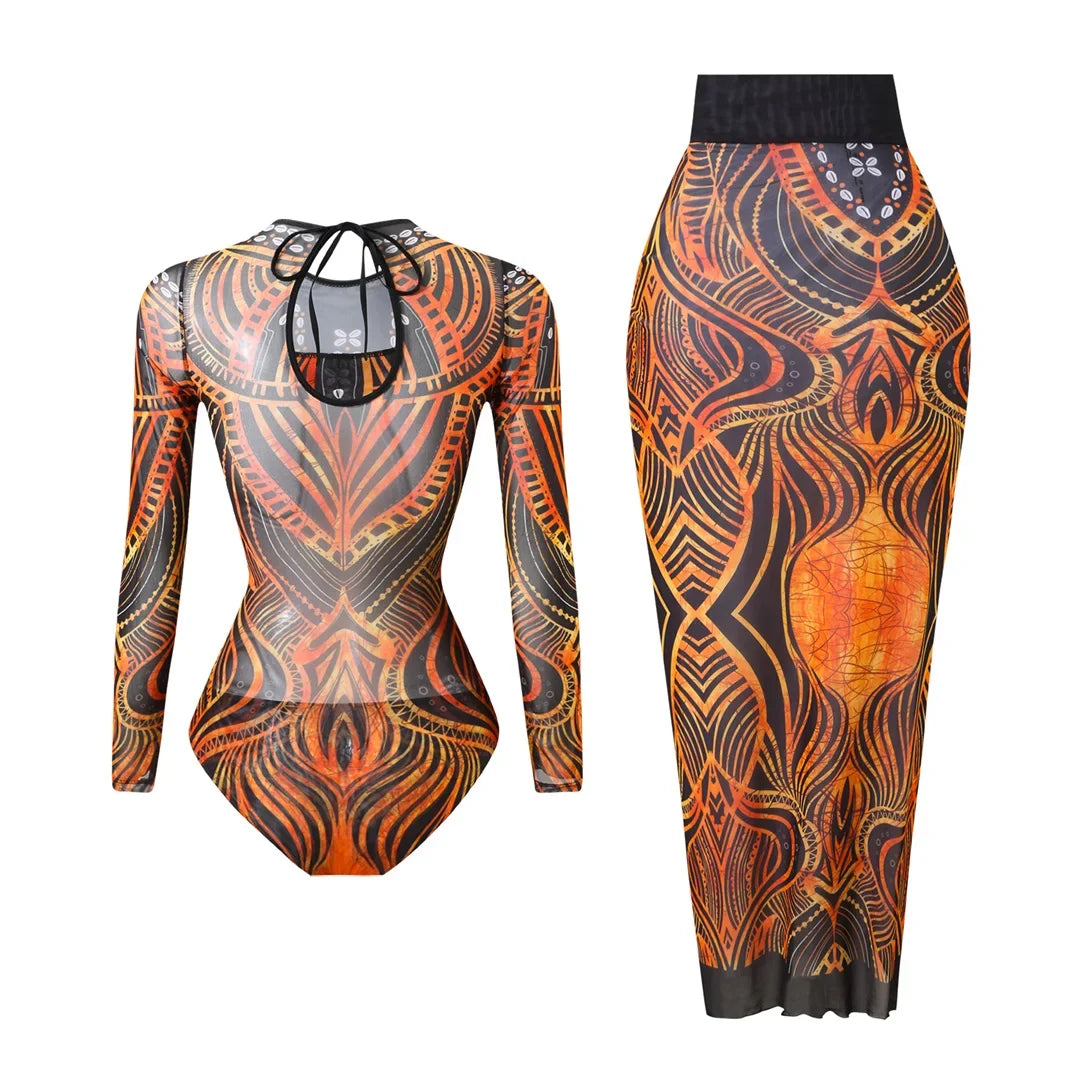 S - XXL Printed Long Sleeve With Sarong One Piece Swimsuit Women Swimwear Female Flowers Padded Bather Bathing Suit Swim V7181