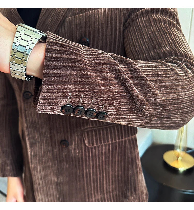 Autumn Winter New Men Corduroy Suit Jackets Double-Breasted Striped Slim Fit Casual Coats High Quality Formal Business Tailcoat