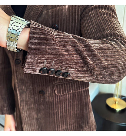Autumn Winter New Men Corduroy Suit Jackets Double-Breasted Striped Slim Fit Casual Coats High Quality Formal Business Tailcoat