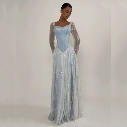 Customized Glitter Women's Evening Dress Pleat Sequined Long Sleeves A-line Long Dresses Bespoke Occasion Elegant Party Wedding