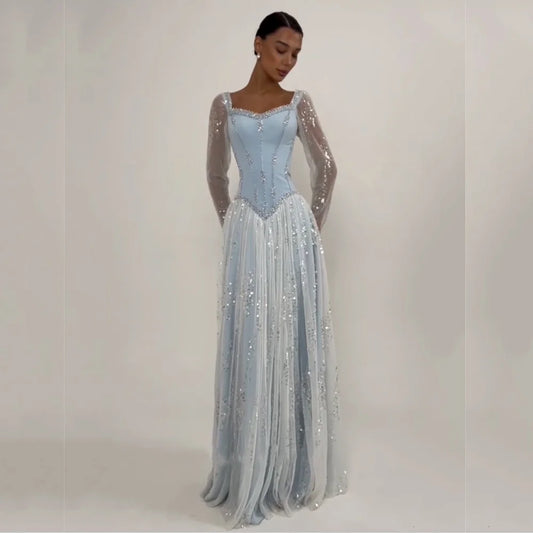 Customized Glitter Women's Evening Dress Pleat Sequined Long Sleeves A-line Long Dresses Bespoke Occasion Elegant Party Wedding
