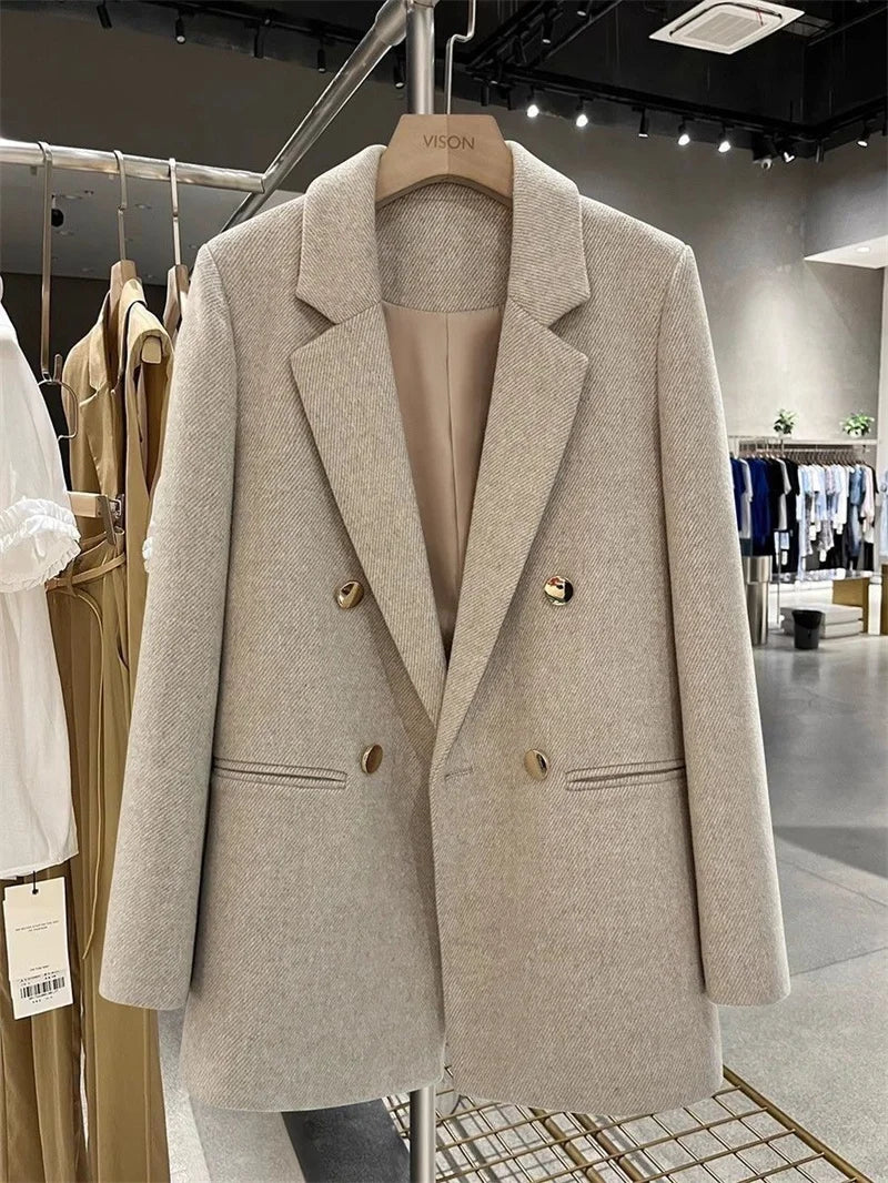 Fashion Woolen Suit Jacket Women's Vintage Blazers Double-breasted Office Coat Female Casual Outerwear Spring Autumn Streetwear