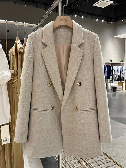Fashion Woolen Suit Jacket Women's Vintage Blazers Double-breasted Office Coat Female Casual Outerwear Spring Autumn Streetwear