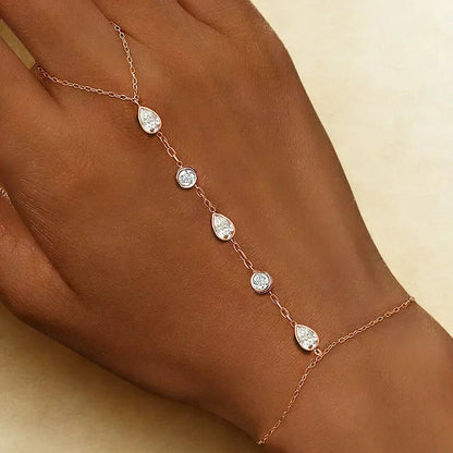 Round/Waterdrop Moissanite Diamond Ring Bracelets for Women 925 Sterling Silver Layering Finger Wrist Chain Adjustable