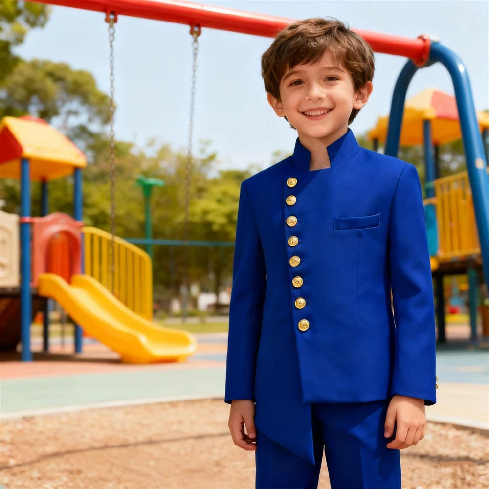 Stand Collar Kids Communion Suit Birthday Party Suits Jacket Pants Golden Buttons 3-14 Y Toddler Tuxedo
