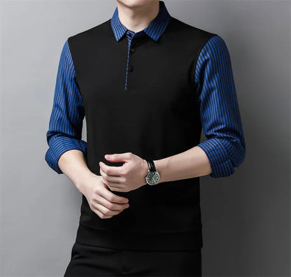 New Men's Casual and Fashionable Long Sleeved POLO Shirt with Contrasting Print Anti Wrinkle Top