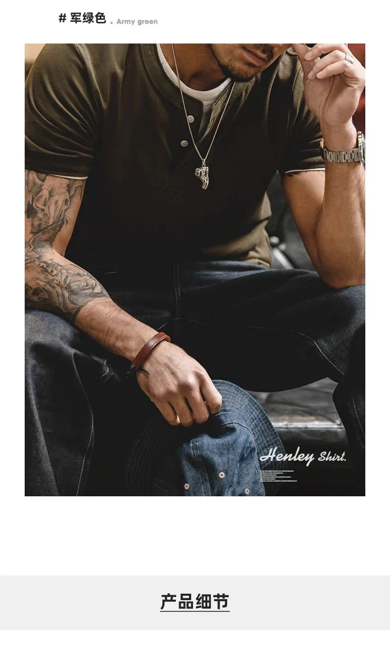 Cotton Men's Henry T-Shirts Soft Breathable Vintage Tops Tee Shirt Solid Casual Classic Buttons Shirt Hot Man Clothing