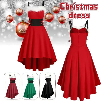 Women's Dress Christmas Floral Print Cold Shoulder Flounce Trim Elegant Dresses For New Year Sexy Merry Christmas Gift
