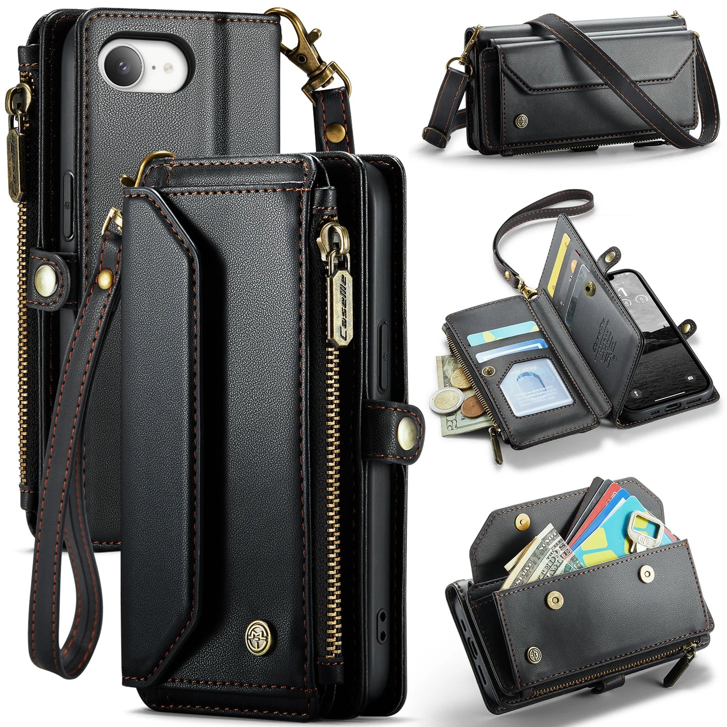 Case for iPhone 17 16e 16 15 14 13 12 11 Pro Max Leather Strap Zipper Card Holder Phone Wallet  Case