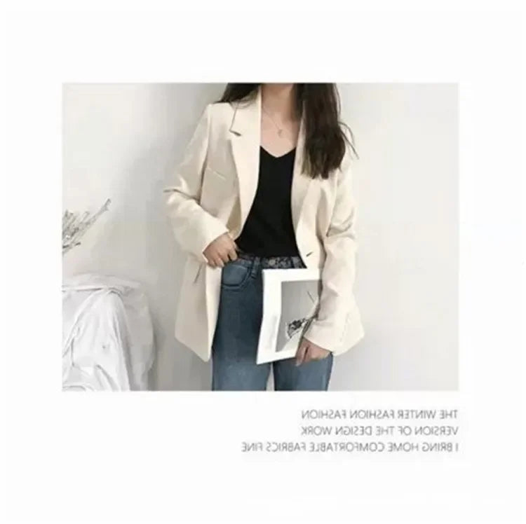 Elegant Casual Loose Long Sleeve Women's Small Suit Jacket Korean Style Spring Autumn Chic Polyester Fiber Button Decoration