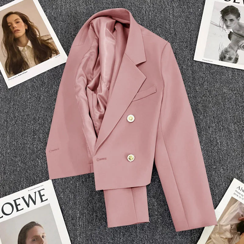 Lucyever Cropped Blazer Jacket Women Korean Fashion Double-Breasted Suit Coat 2024 Autumn New Casual Simple Office Lady Blazers