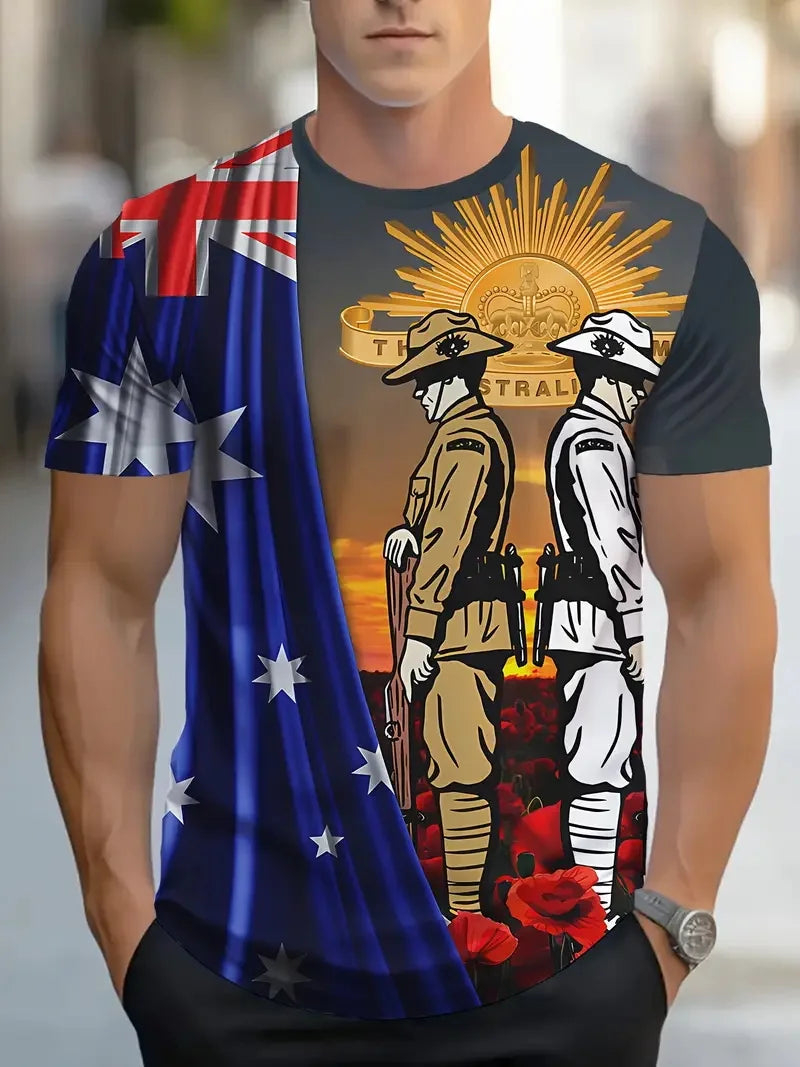 Men's Australia Flag Graphic T-Shirt New In Happy Australia Day Digital Print Tshirts Casual Short Sleeve Crew Neck Tee Shirts