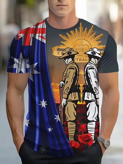 Men's Australia Flag Graphic T-Shirt New In Happy Australia Day Digital Print Tshirts Casual Short Sleeve Crew Neck Tee Shirts