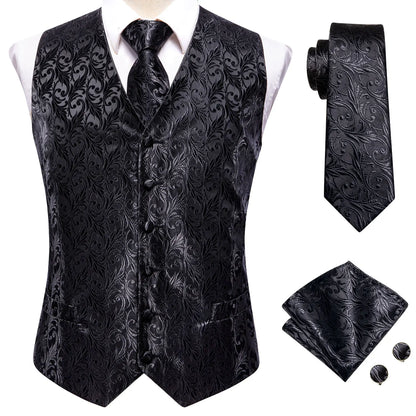 4PC Black Silk Mens Suit Vests Woven Floral Waistcoat Tie Pocket Square Cufflink Business Wedding Dress Waist Jacket