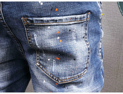 Fashion Streetwear Men Jeans Retro Black Blue Elastic Slim Fit Ripped Jeans Men Spliced Designer Embroidery Hip Hop Denim Pants
