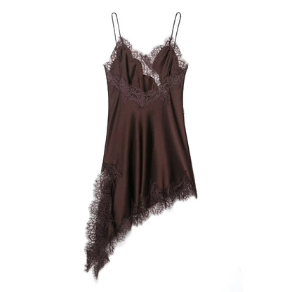 Woman Summer Sexy Sleeveless Backless Chic Beach Party Dress Women's Elegant Asymmetry Lace Decorate Slim Sling Dress