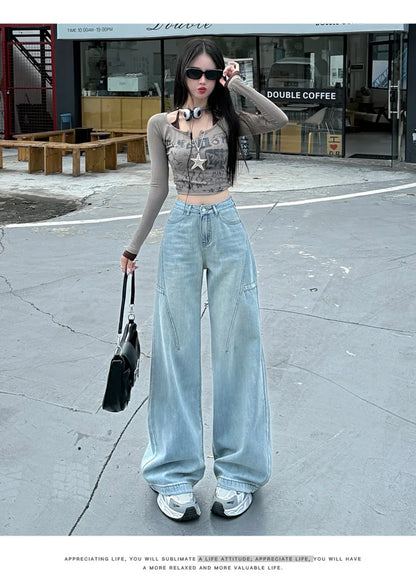 High Waisted Wide Leg Jeans Women Cotton Retro Denim Y2k Loose Fashion Design Sense Pant Streetwear Baggy Straight Trouser Woman