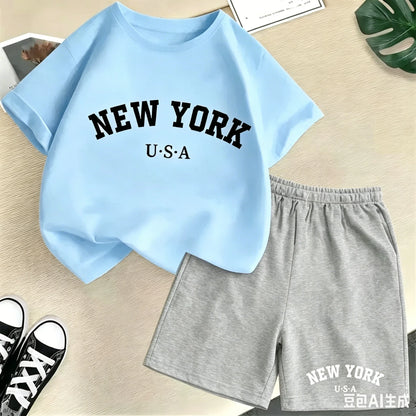 2026 New Kids Boys Girls New York Letter Pattern Cotton T-shirt+Shorts 2-Piece Set Casual Daily
