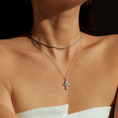 925 Sterling Silver Sweet Cool Cross Link Chain Necklace Emerald Cut CZ Pendant Necklace For Women Fine Jewelry Gift