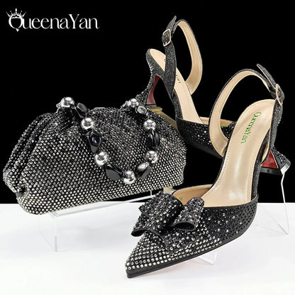 Shiny Italian Fashion Pointed Toe Women High Heel Shoes Mixed Color Effect Rhinestone Decoration Shoes And Bag Set