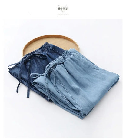 Women's Pants Summer Drawstring Wide-leg Pants Cotton Blue Calf-Length Jeans Pants Mom Elastic Waist Straight Pants Women