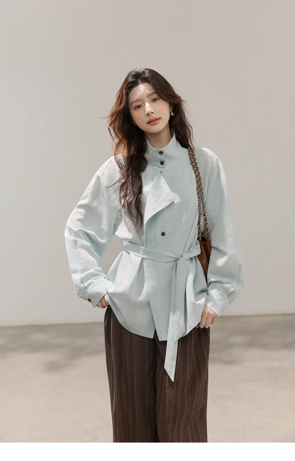 Women's Stand Collar Long Sleeve Shirts Spring Belted Waist Asymmetric Button Tops Casual Loose Solid Shirt MXF13C2459