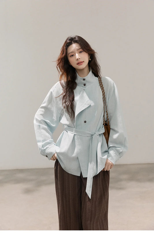 Women's Stand Collar Long Sleeve Shirts Spring Belted Waist Asymmetric Button Tops Casual Loose Solid Shirt MXF13C2459