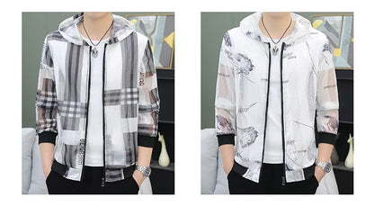 Men's Summer Mesh Sun Protection Clothing Trendy Stripe Print Ice Silk Cool Feeling Breathable Quick Dry Hooded Jacket