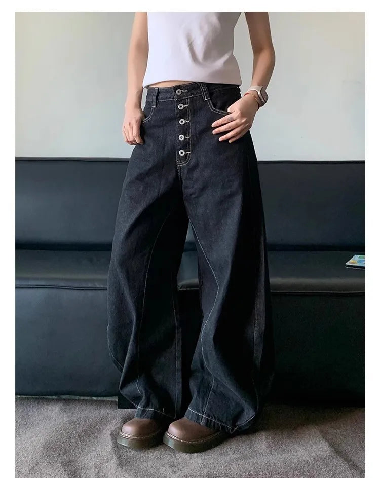 American Retro High Street Button Design Bootcu Bla Knife  Wide Leg Loose Long Jeans for Men And Women Trendy