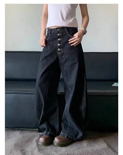 American Retro High Street Button Design Bootcu Bla Knife  Wide Leg Loose Long Jeans for Men And Women Trendy