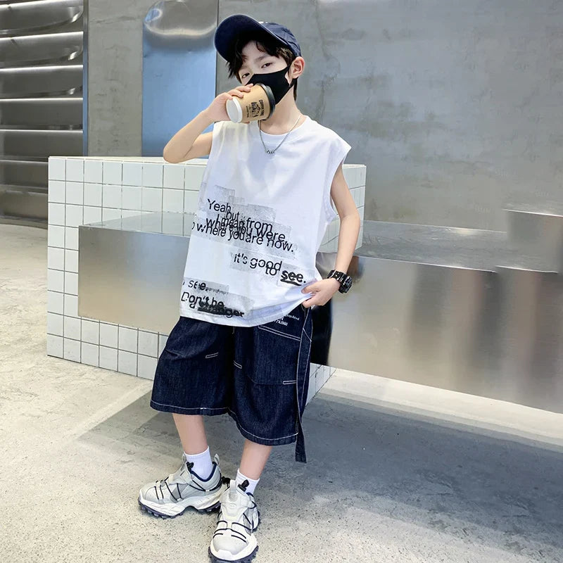 New Summer Children High Quality Cotton Clothing Set for Kids Boy Sleeveless Tshirt And Denim Shorts 2 Pieces Top Bottom Suit