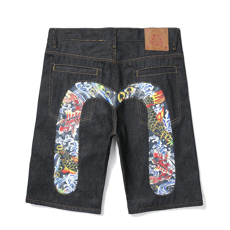 Men Embroidery Denim Shorts Black Hiphop Jeans Pants Cherry Blossom Dragon Totem Washed Zipper Cotton Summer cherry blossoms 024