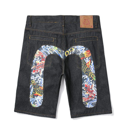 Men Embroidery Denim Shorts Black Hiphop Jeans Pants Cherry Blossom Dragon Totem Washed Zipper Cotton Summer cherry blossoms 024