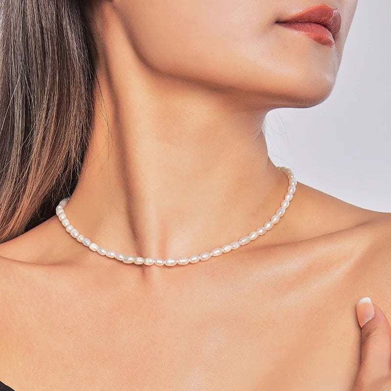 Small Size 4.5-5.5mm Natural Freshwater White Pearl Necklace Rice Shape Fashion S925 Silver Jewelry for Women Girls